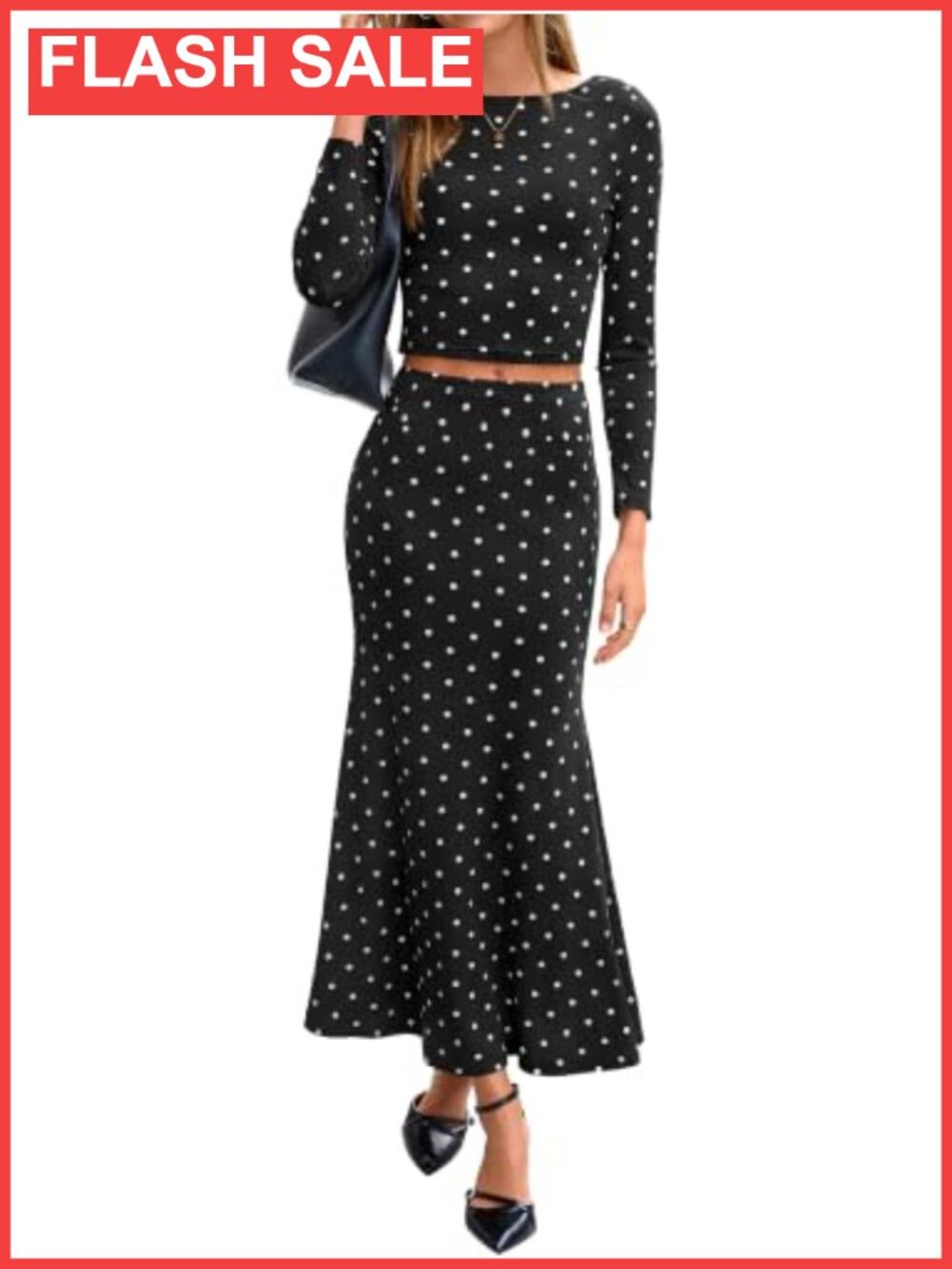 Polka Dot Skirt Set Long Sleeve Crop Top Maxi Skirt 2 Piece Outfit